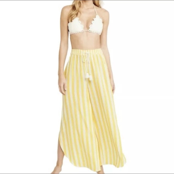 Abercrombie & Fitch Wide Leg Beach Pants Yellow White Stripe Split Leg Sz XS NWT - Picture 1 of 9